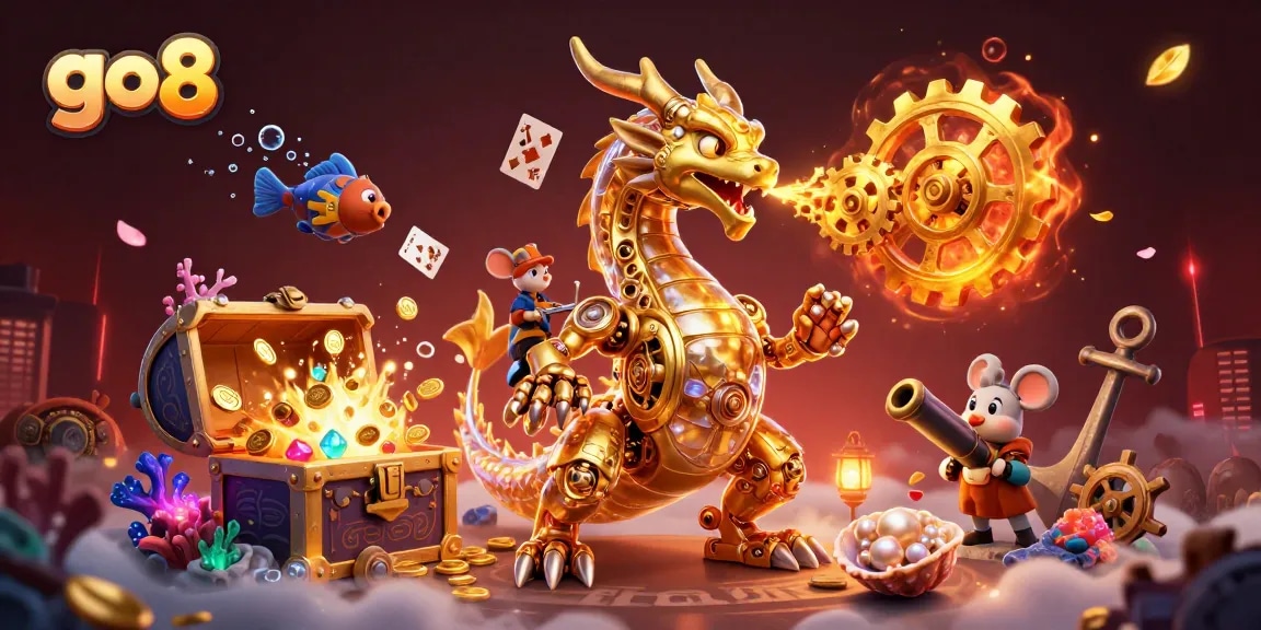 Participate in thrilling play with go8's vibrant 3D gaming experience, highlighted by a golden dragon and treasures.