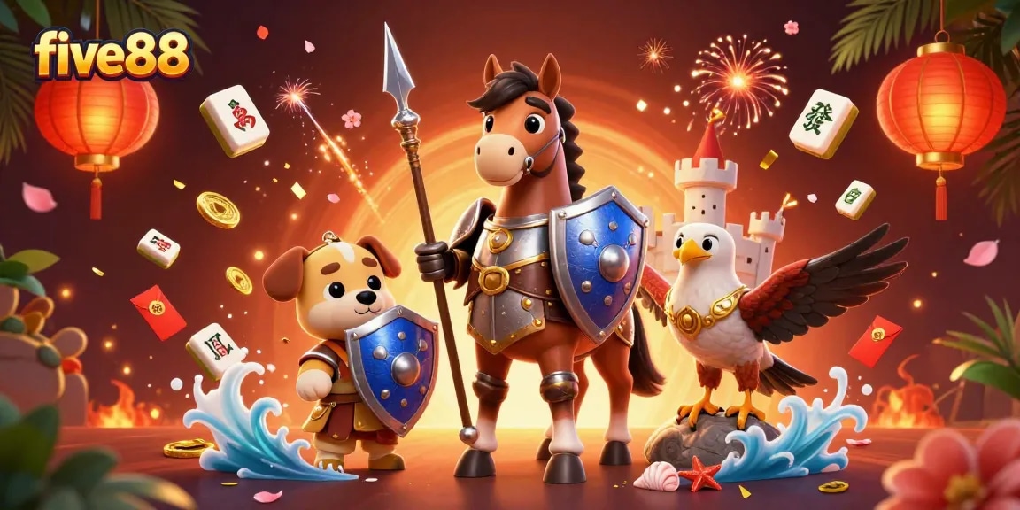 Experience the excitement of five88 with knights and treasures in a vibrant casino scene.