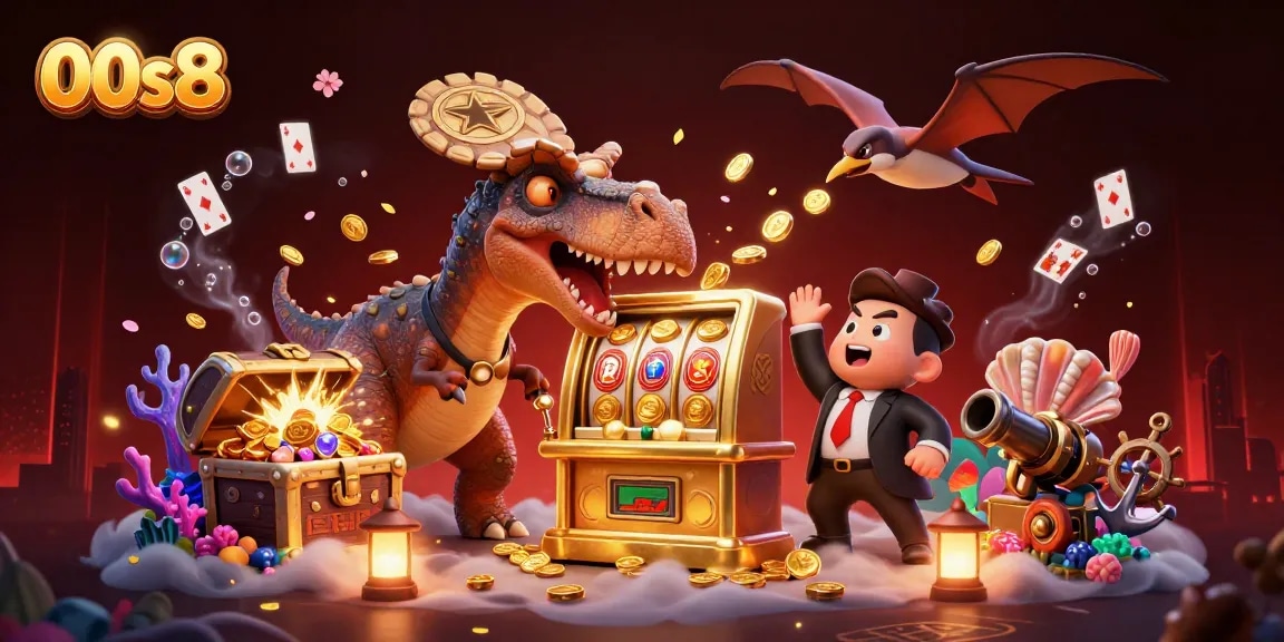 00s8 platform features a cartoon dinosaur winning jackpots with casino elements in a lively setting