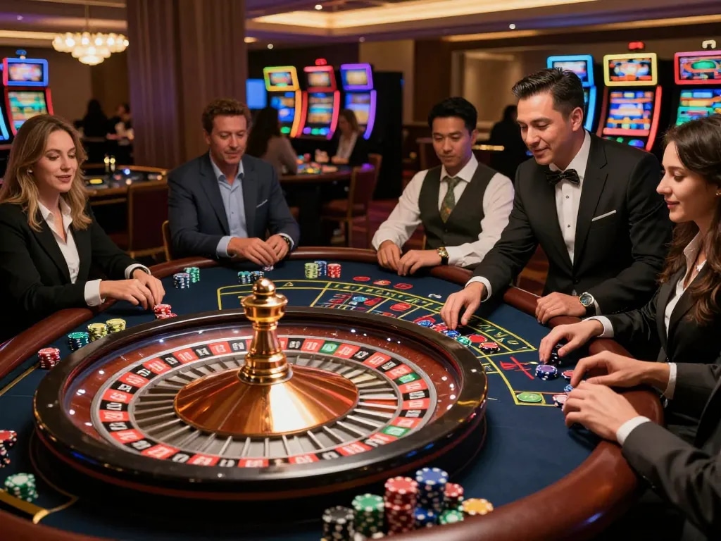 Experience the excitement at Bom88 with players placing bets at a thrilling roulette table.