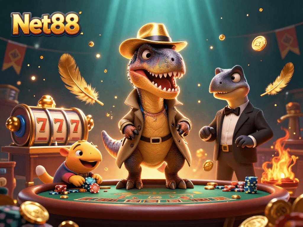 Net88 table action illustrated with a velociraptor card counter and stegosaurus pit boss.