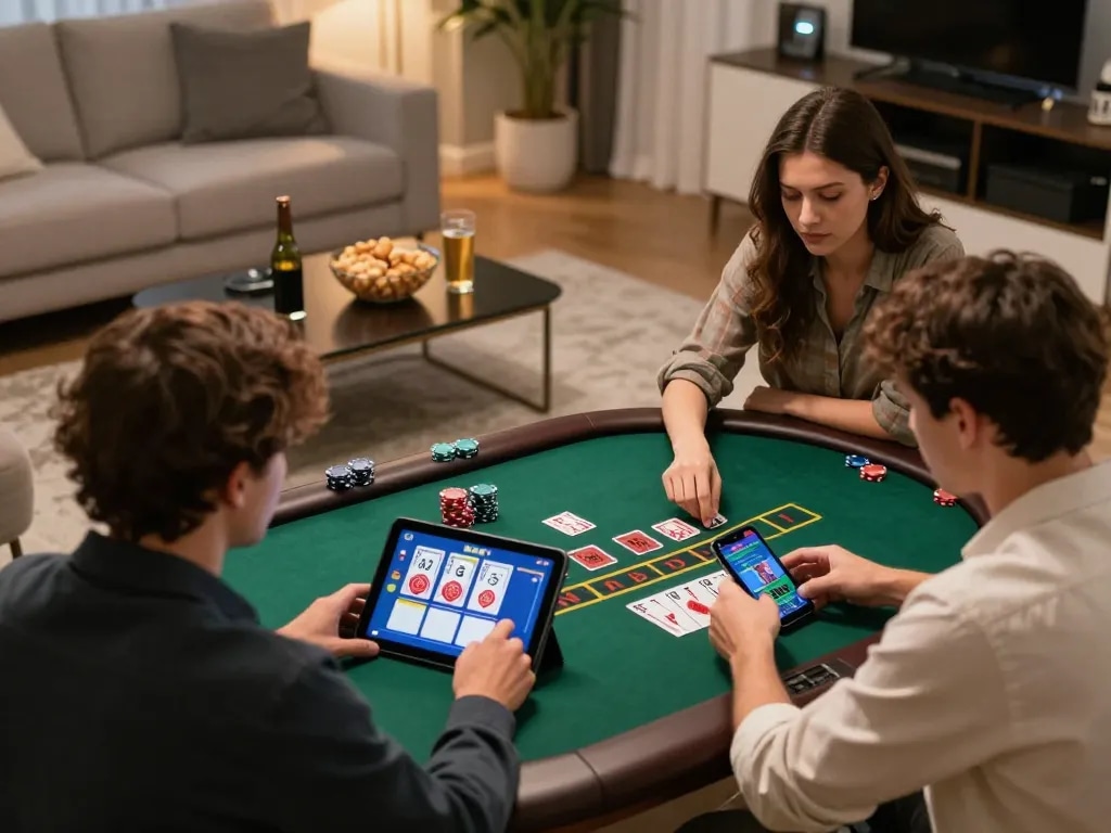 va88 player engaged in live dealer blackjack on tablet, cozy home gaming atmosphere