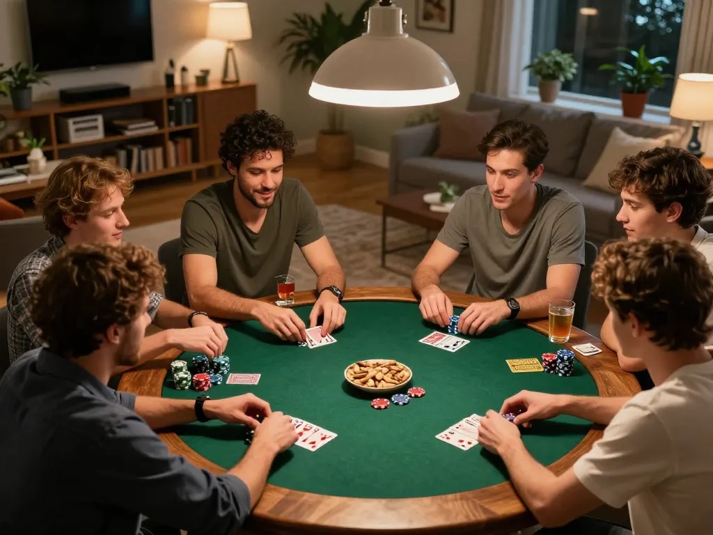 Friends enjoying a lively poker game at home, showcasing vin88's engaging social gaming experience.