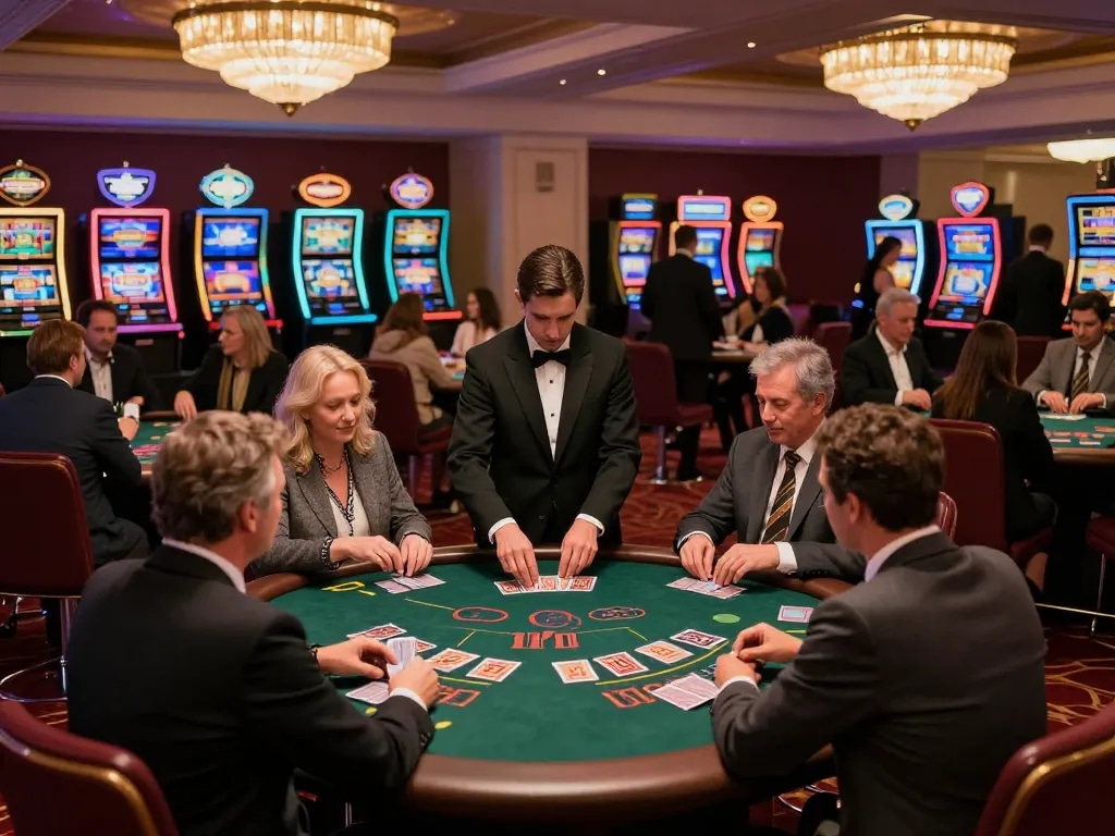 FABET guests play blackjack with anticipation, surrounded by vibrant casino atmosphere and dynamic lighting.