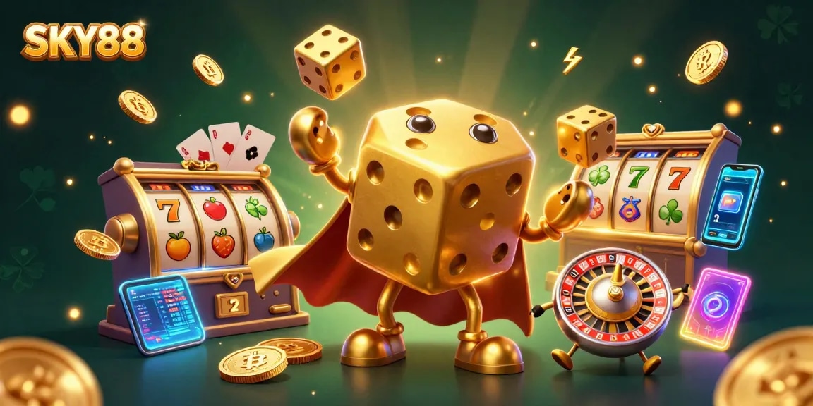 Experience SKY88's thrilling slots with vibrant golden dice characters and dynamic gaming elements.