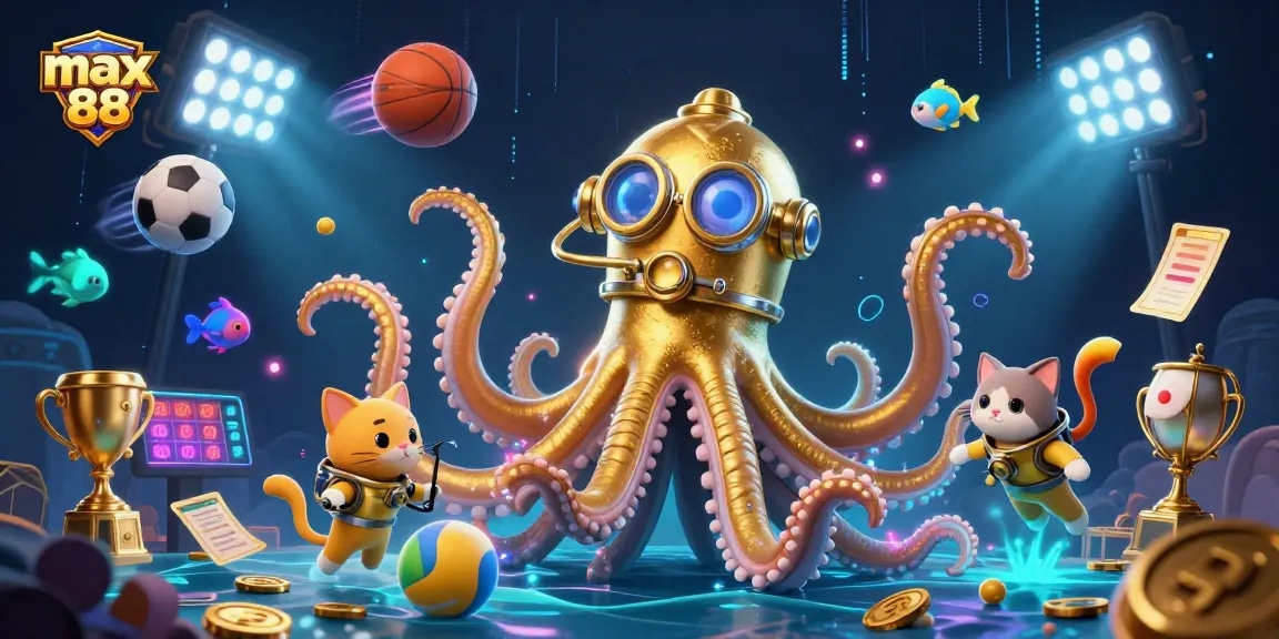 Experience captivating max 88 gaming adventures with kraken and diving cat in an action-packed casino setting.