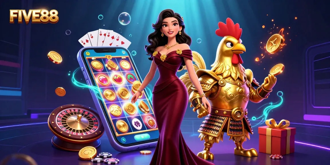 Experience thrilling moments at FIVE88 with a glamorous character and a cartoon warrior in an exciting casino scene.