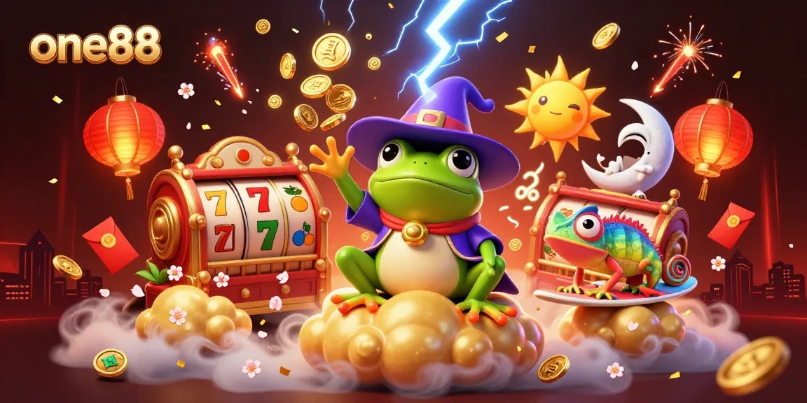 one88's dynamic casino adventure with golden coins and slot reels amidst vibrant characters