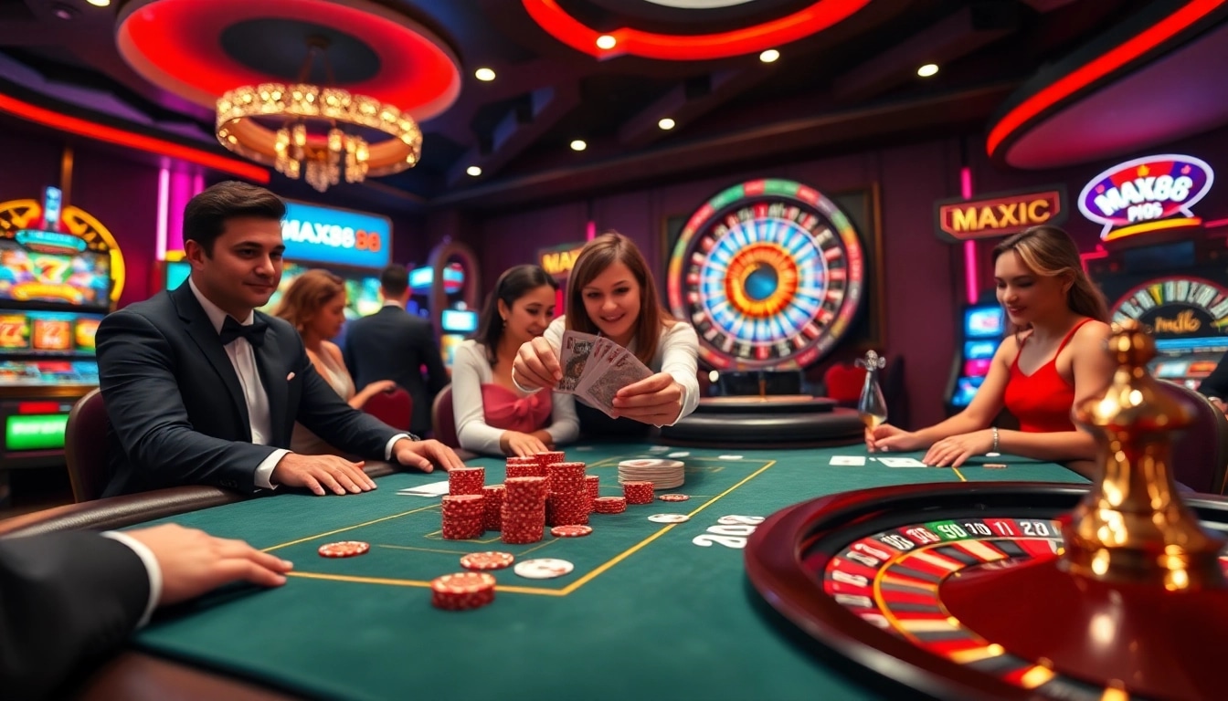 MAX88 gaming table at a vibrant casino with players and slots, showcasing thrilling gambling action.