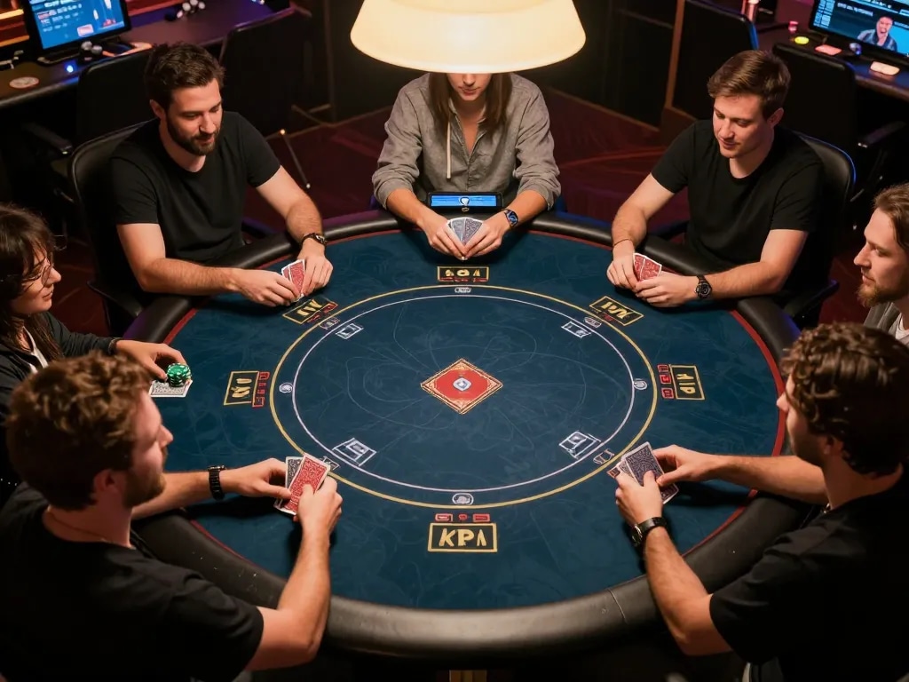 O8 players enjoying an exciting online poker session, hands engaging with cards and chips.