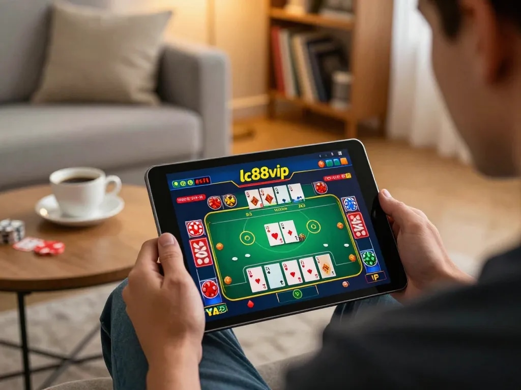 Player engaging with lc88vip online casino app in a cozy living room, showcasing strategic gameplay.