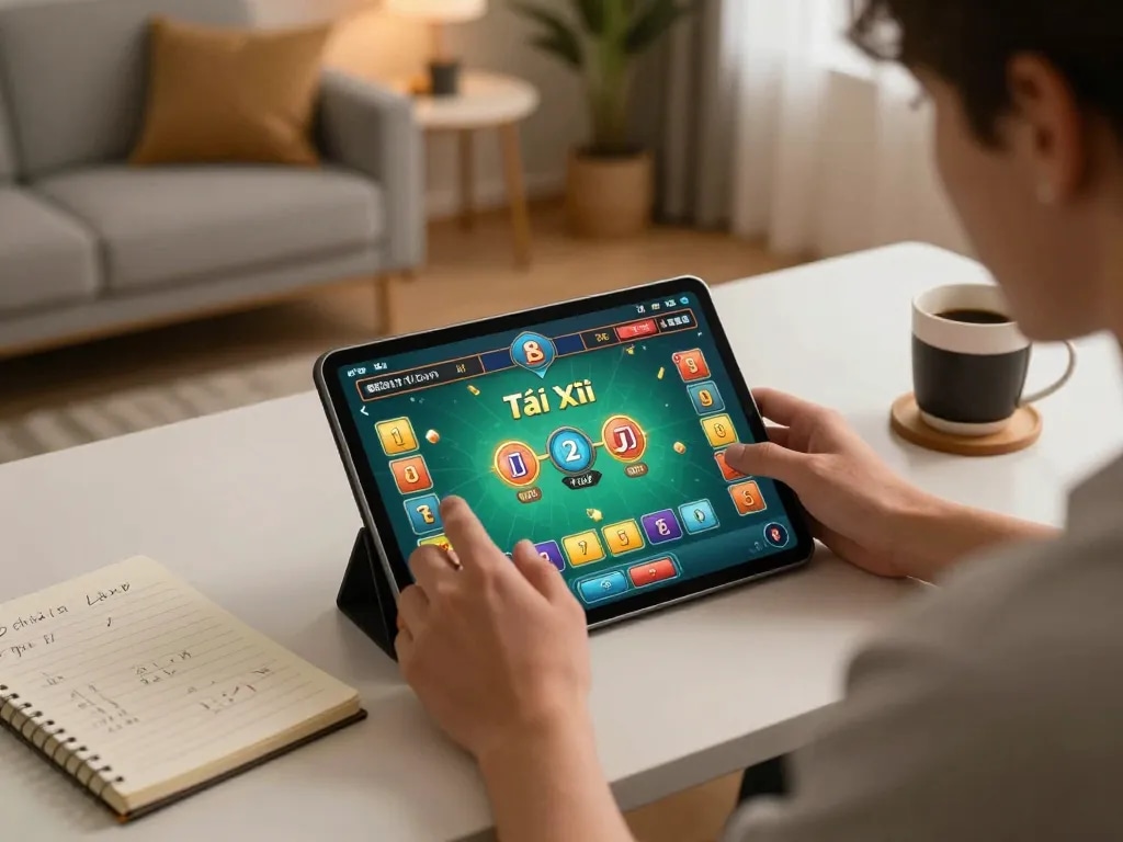 Player engaging with Tài Xỉu game on tablet showing tg88 interface in a cozy home setting