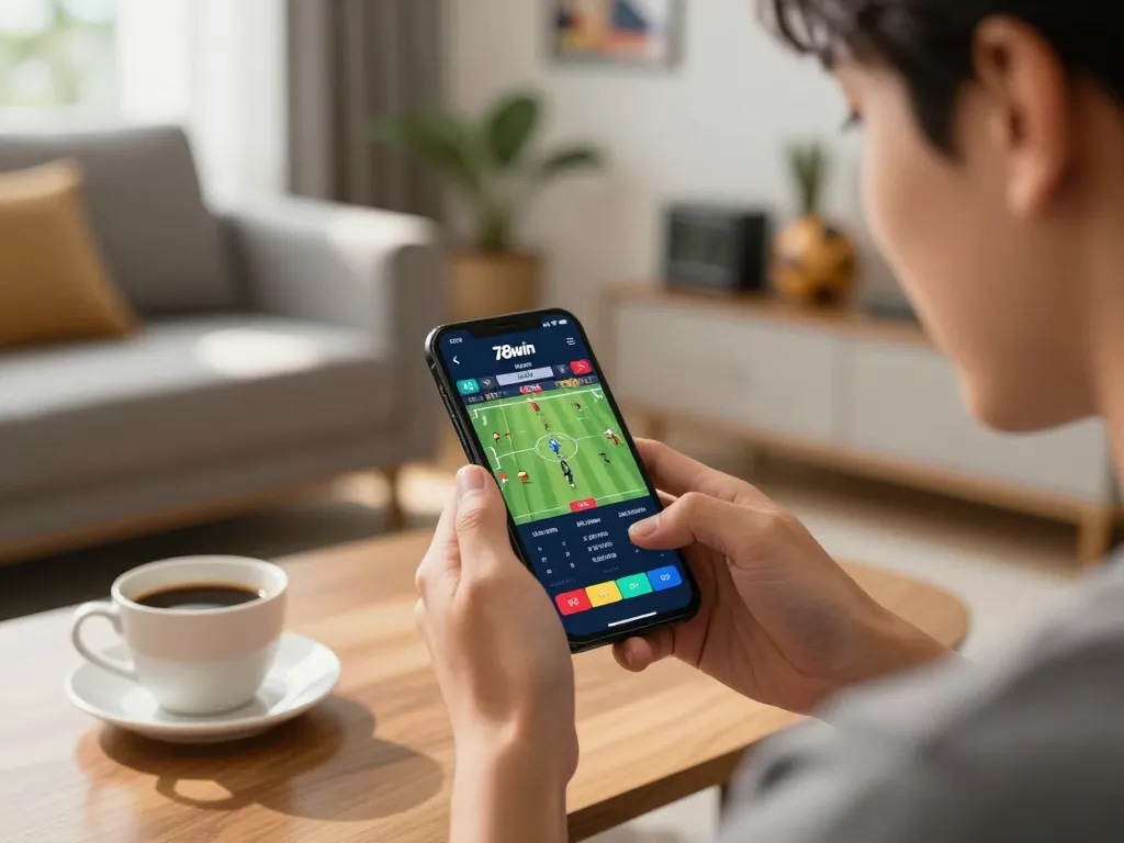 Engaging sports betting on 78win app displayed on smartphone in a cozy home setting.