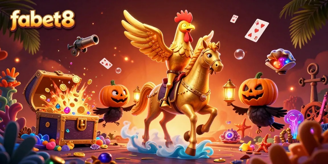 Engage in thrilling gameplay at fabet8, showcasing a golden rooster in a vibrant casino setting.