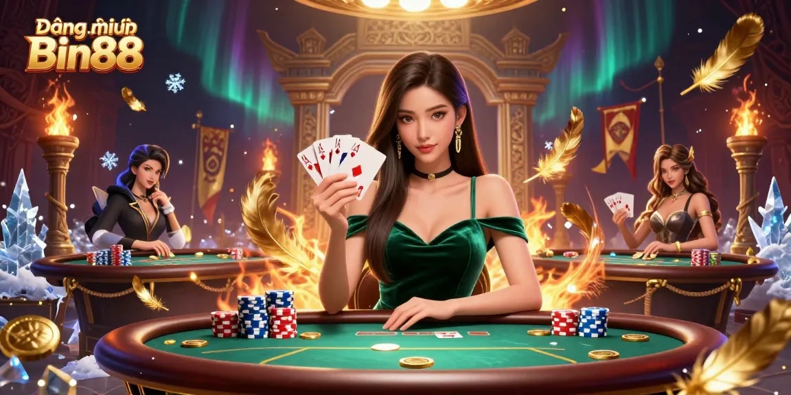 Experience strategic gameplay with Đăng nhập Bin88 at a luxury poker table filled with vibrant coins.