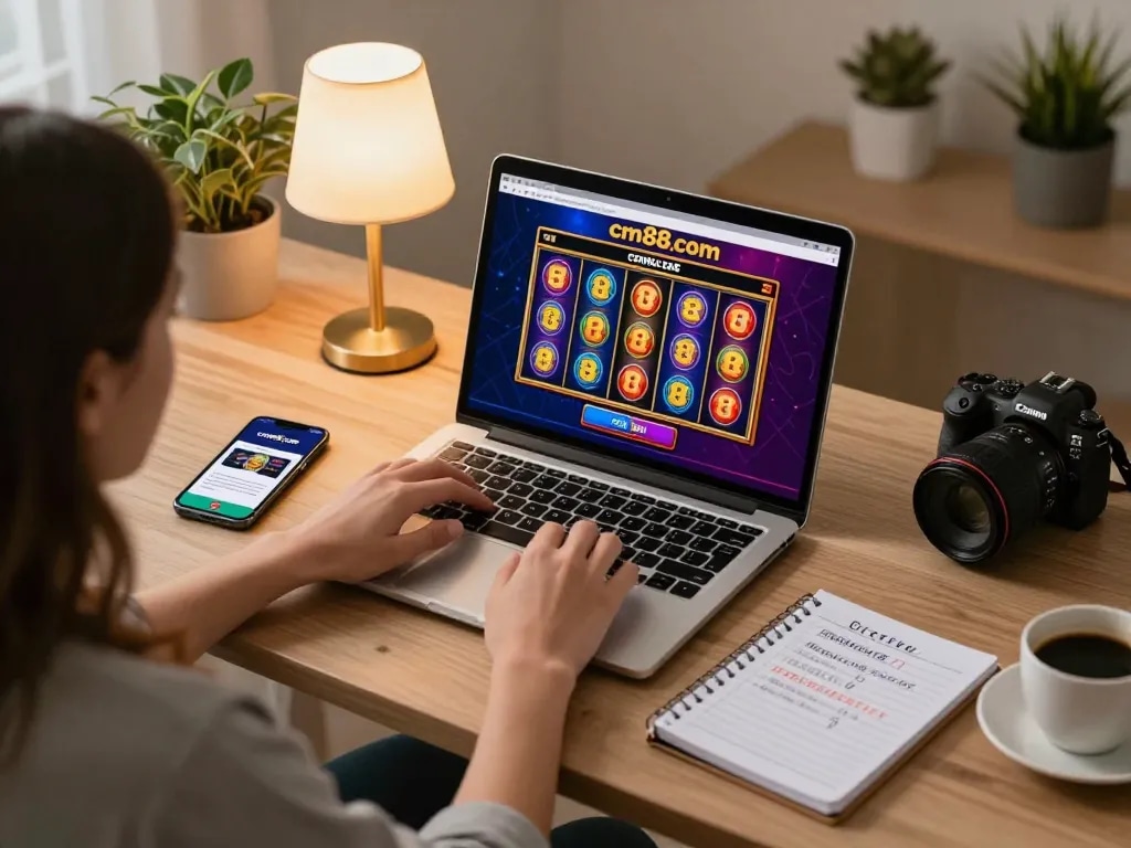 Engaging scene of a player using cm88.com on their laptop for online gambling.