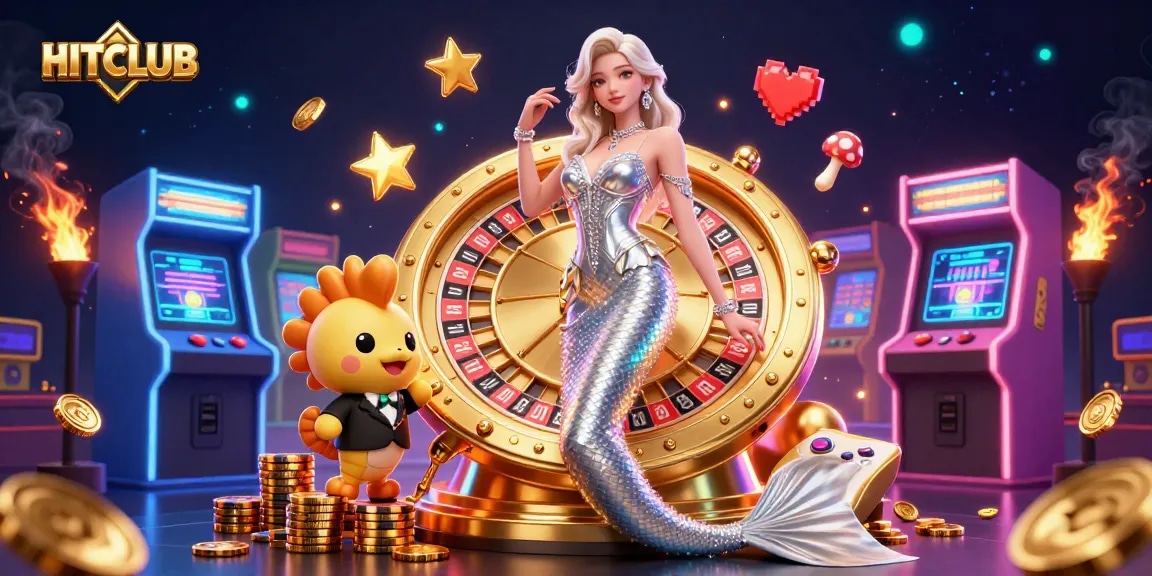 Play at HITCLUB and win big with stunning casino elements illuminating the scene.
