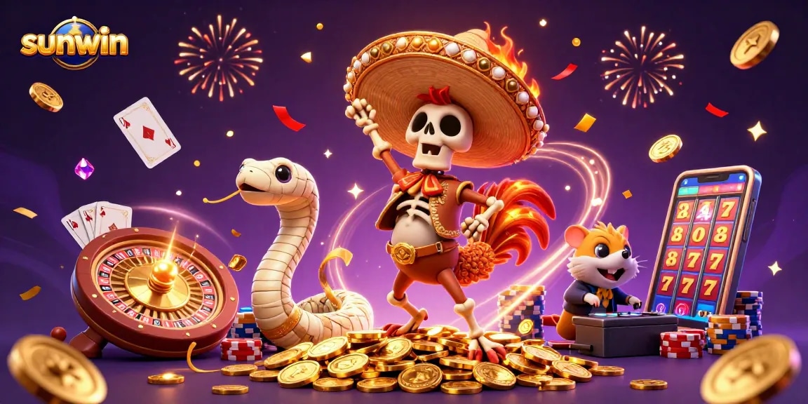 Join sunwin's thrilling dance on a golden coin pile with vibrant casino elements!