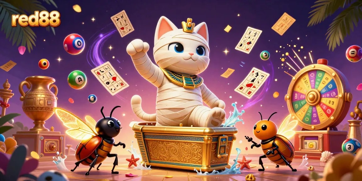 Experience exceptional luck with red88 as the cartoon mummy cat and glowing scarab bring the excitement of the casino.