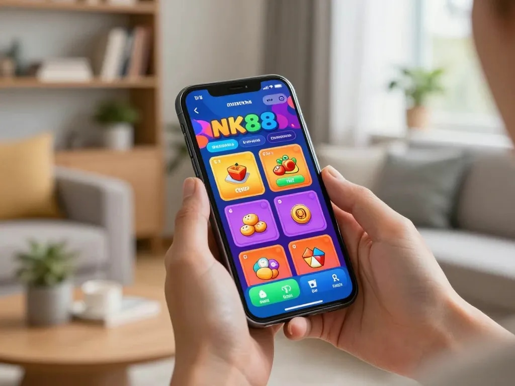 Engaging user interacting with the nk88 app for mobile casino gaming experience