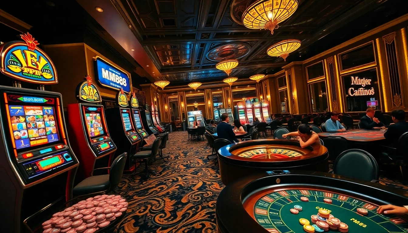 Players enjoying a thrilling game night at MM88 casino, featuring vibrant slot machines and poker tables.