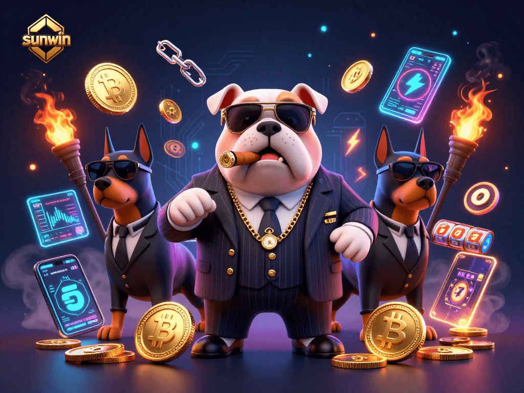 Win big with sunwin in this vibrant 3D casino scene featuring crypto elements and slot machines.