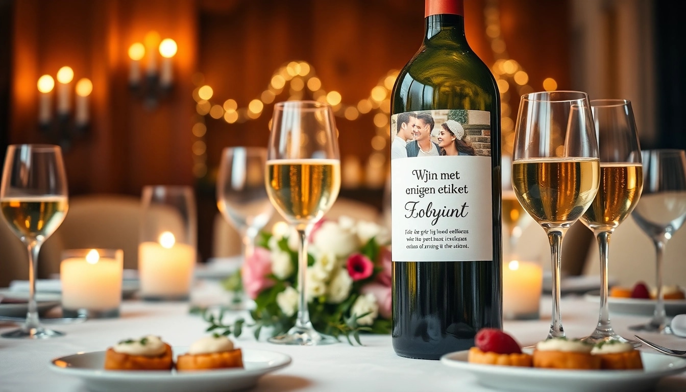 Fles wijn met eigen etiket, ideaal voor vieringen.