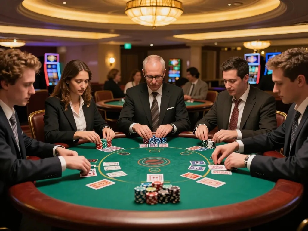 Players engaged in intense blackjack gameplay at a nohu casino table, showcasing strategy and excitement.