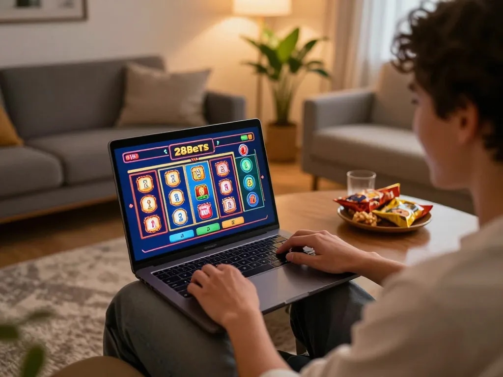 Engaged player enjoying online games at home with 28bets on screen, highlighting fun gaming experience.