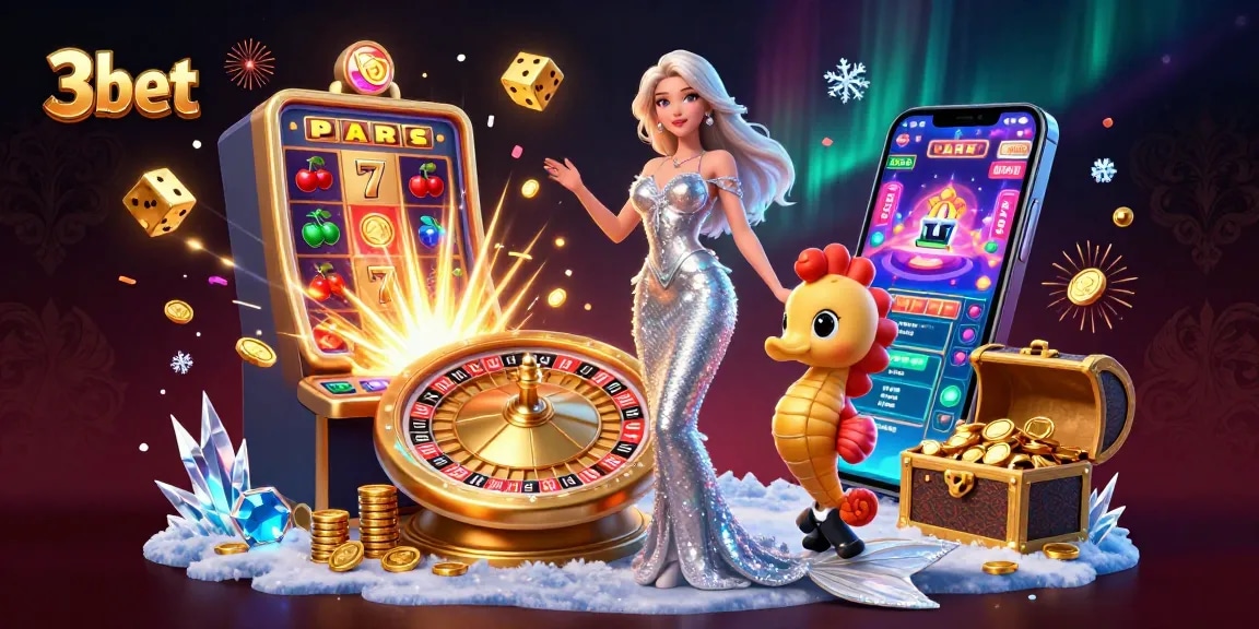 Engage in the vibrant world of 3bet with a stunning casino scene featuring a glamorous mermaid, roulette, and slot elements.