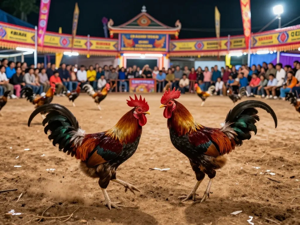 Watching Đá gà thomo live cockfighting match, roosters battle in vibrant arena atmosphere