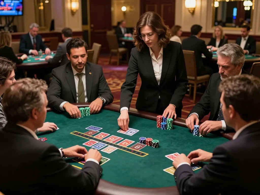 Engaged players at the blackjack table on Trang chủ RR99, focusing on a strategic game moment.