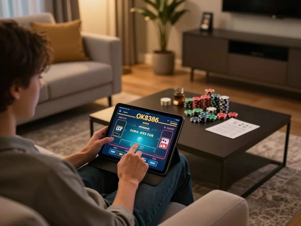 Engaging gameplay on link OK8386 featuring poker gameplay on a tablet, cozy home environment with strategic notes.