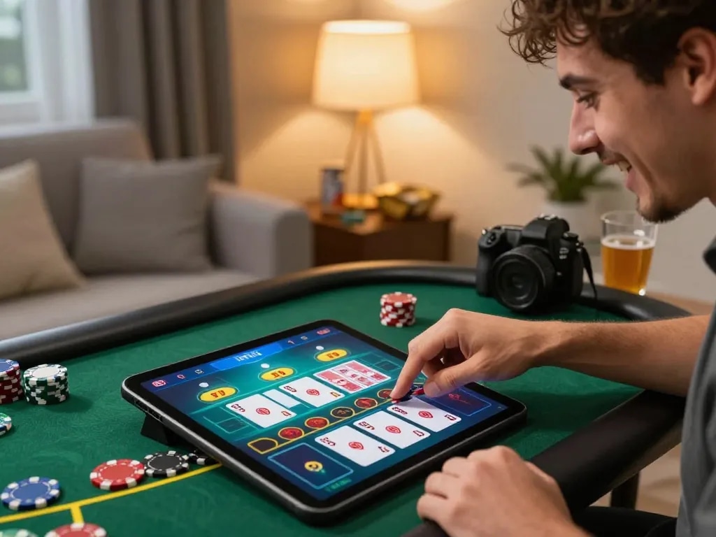 Player engaged in thrilling tx88 online blackjack game, placing bets and enjoying home gaming atmosphere.