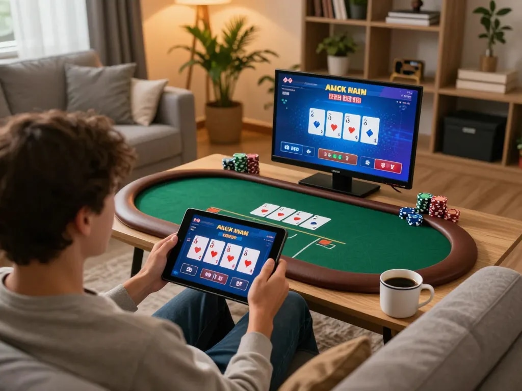 Player engaging in online poker on tablet for ok 365 gaming experience at home.