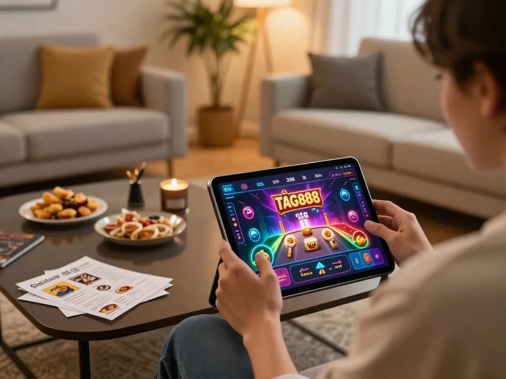 TẢI GO88 gaming experience with a player engaged on tablet in a cozy living room, showing strategy notes and vibrant app interface