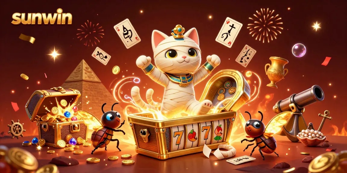 Experience the thrill of sunwin with vibrant casino action featuring a mummy cat and gold treasures.