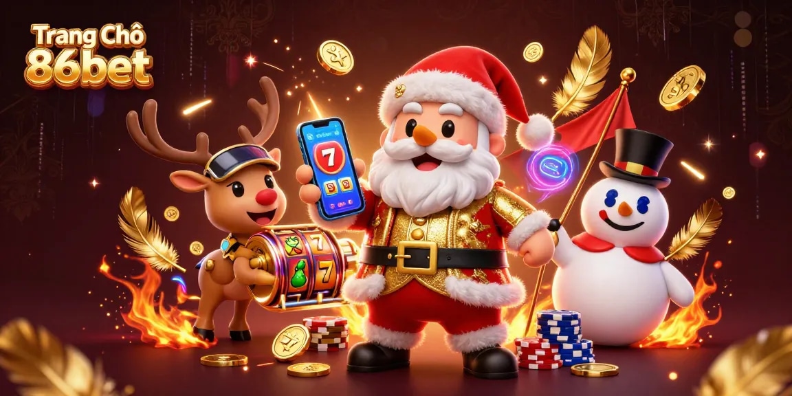 Engage with the exciting world of Trang Chủ 86bet as Santa celebrates jackpot slots with his reindeer and snowman.