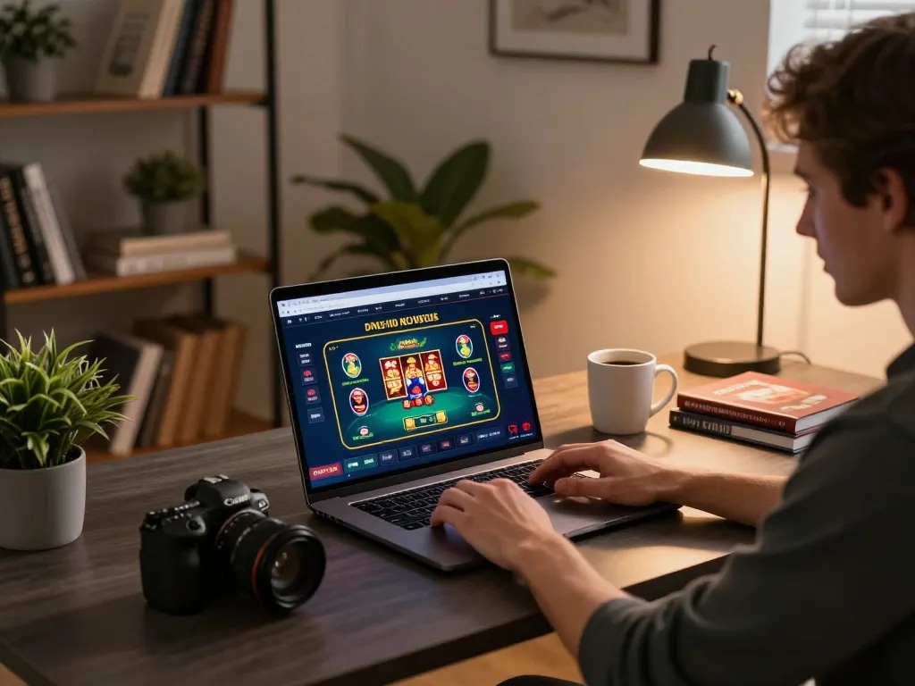 Player enjoying 9 bet online gaming on laptop with coffee and strategy books nearby