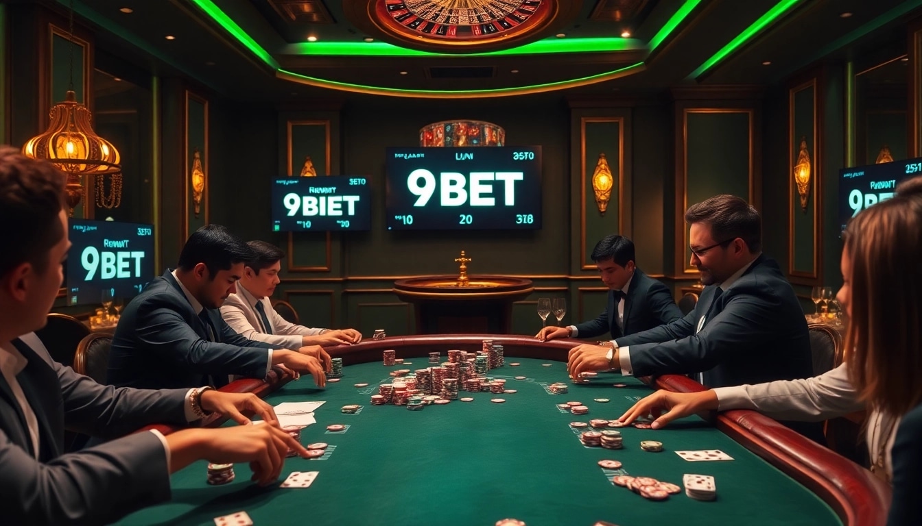 Intense poker gameplay at a luxurious casino with 9BET betting odds on display