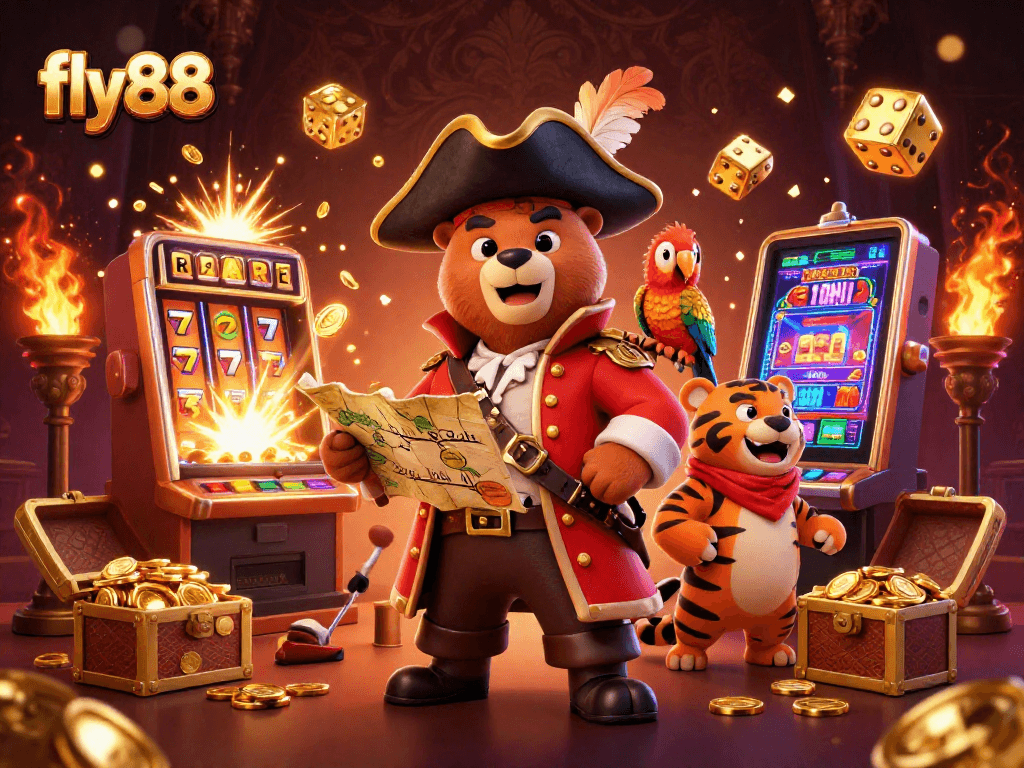 Experience thrilling wins at fly88 with vibrant casino action, slot machines, and treasure elements.