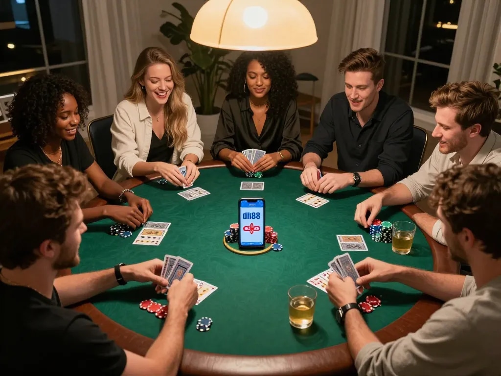 Friends enjoying an exciting poker night with dh88 app displayed, cards being dealt and chips stacked.