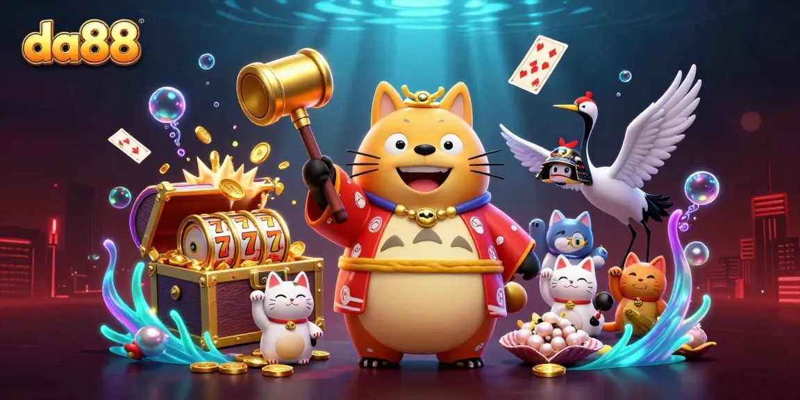da88 features a cheerful tanuki holding a golden mallet in a vibrant casino-themed underwater scene.