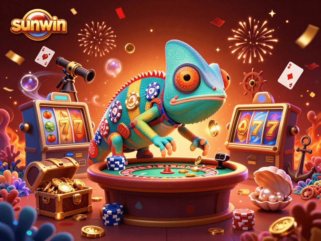 Experience the vibrant action at sunwin with a colorful chameleon casino owner and lively gaming elements.