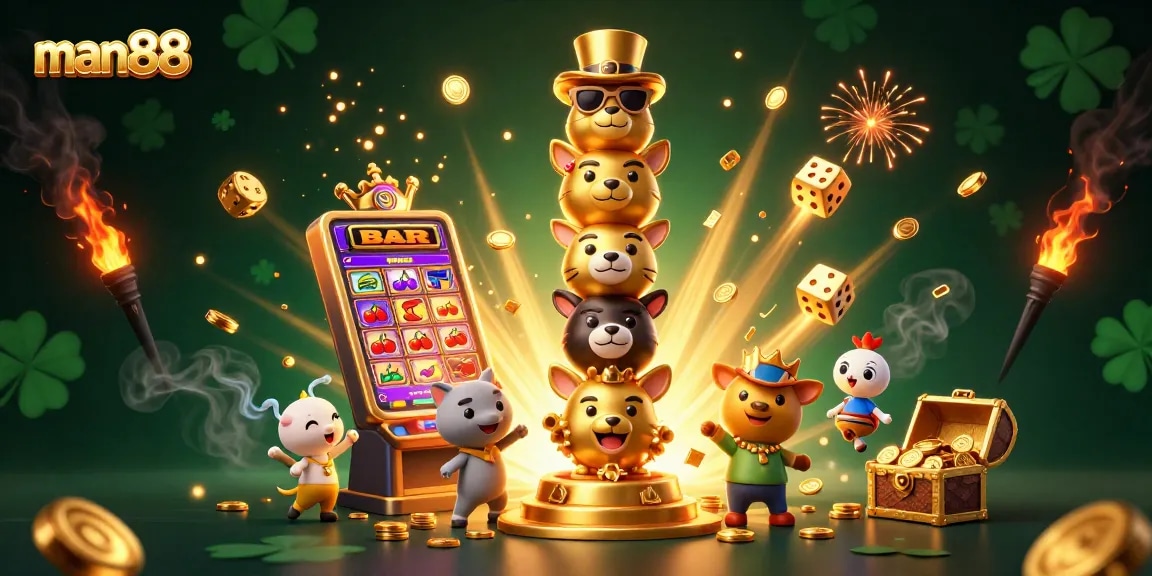 Experience the excitement of man88 with a vibrant 3D casino illustration featuring a golden totem and jackpot elements.