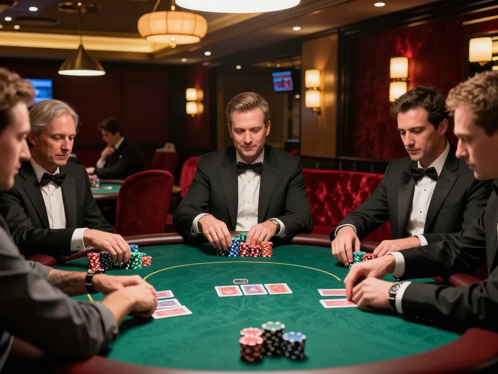 Players engaged in a competitive round of poker at a casino table, showcasing strategic gameplay with DA88 chips prominently displayed