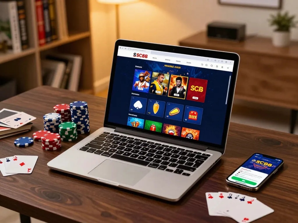 Engaging SC88 online gaming setup with poker chips and laptop showcasing strategic gameplay.