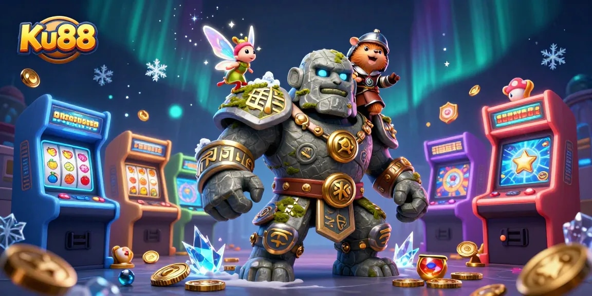 Experience thrilling gameplay with Ku88, featuring a magical scene of a lively golem, fairy, and hamster knight amid casino elements.