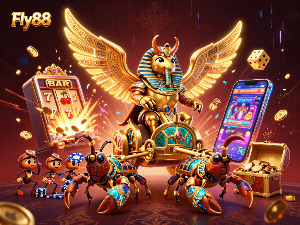 Fly88 showcases a vibrant scene of casino excitement with animated characters and thrilling game elements.