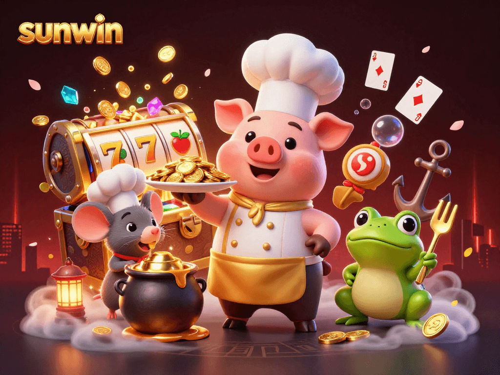 Engage with sunwin's vibrant casino illustration featuring a gourmet chef pig serving gold coins amidst dynamic game elements.
